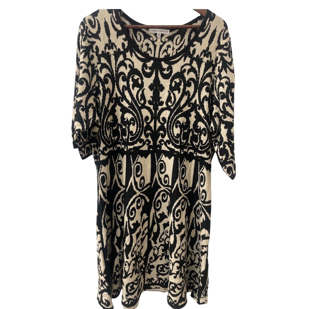 Sandra Darren Women's 3X Black Cream Damask Knit Sweater Dress Lagenlook Classic